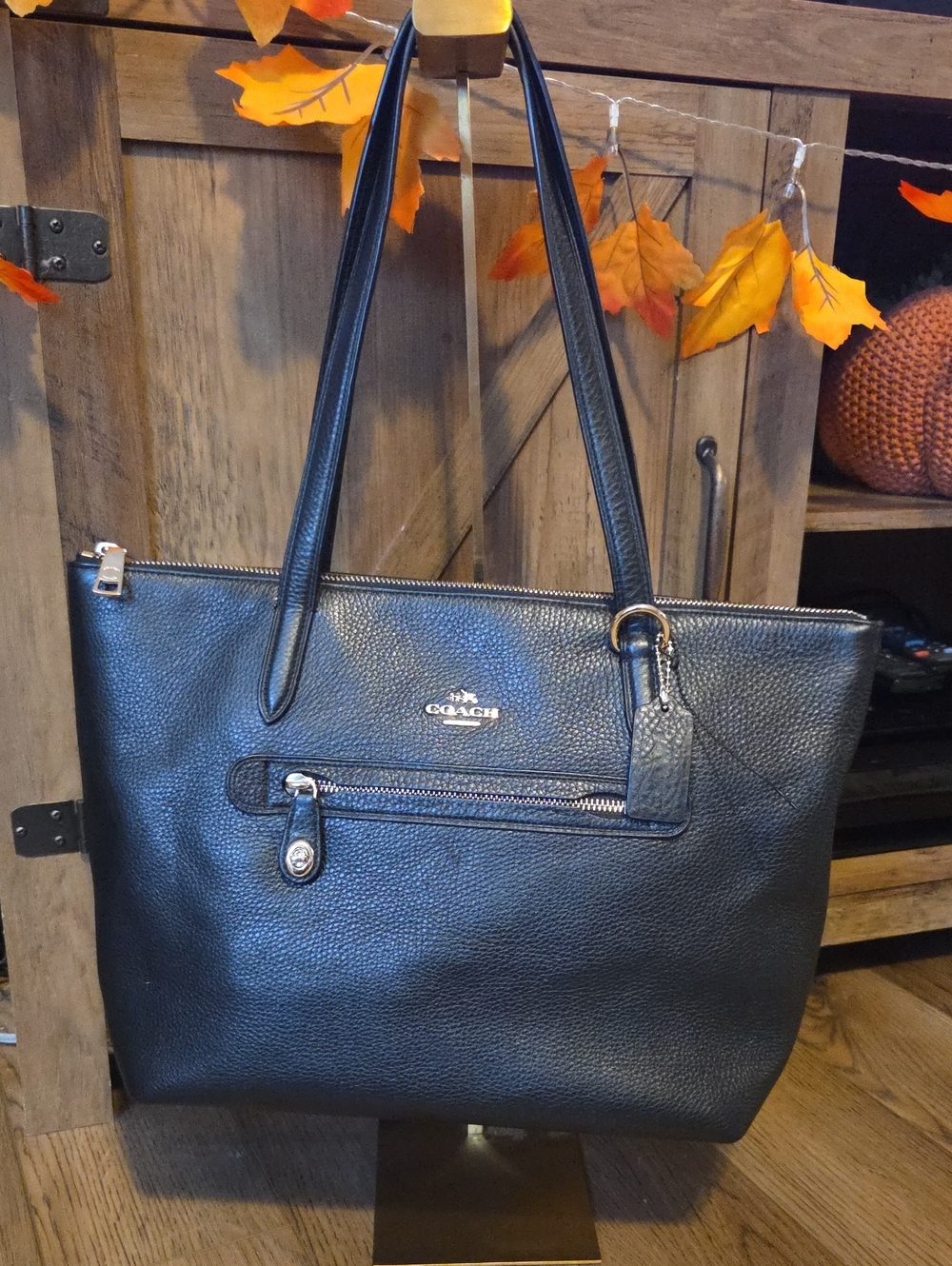 Coach Black Pebbled Leather Tote with Front Zip Pocket